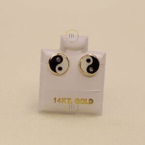 Yin Yang Stud Earrings · Solid 14K Yellow Gold · Black and White Enamel.